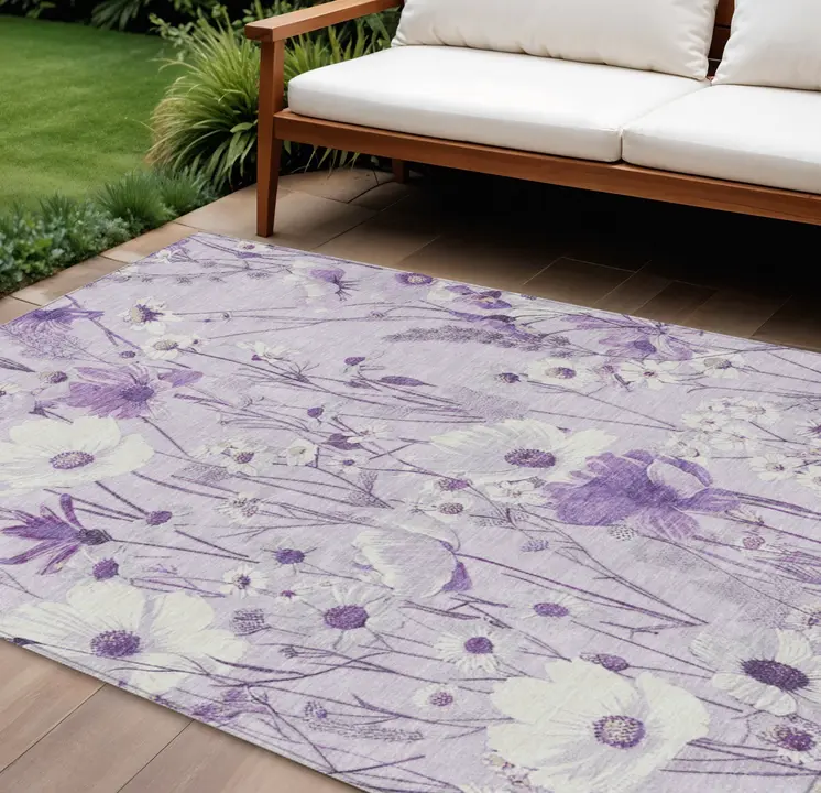 10' X 14' Lavender And Lilac Floral Washable Indoor Outdoor Area Rug