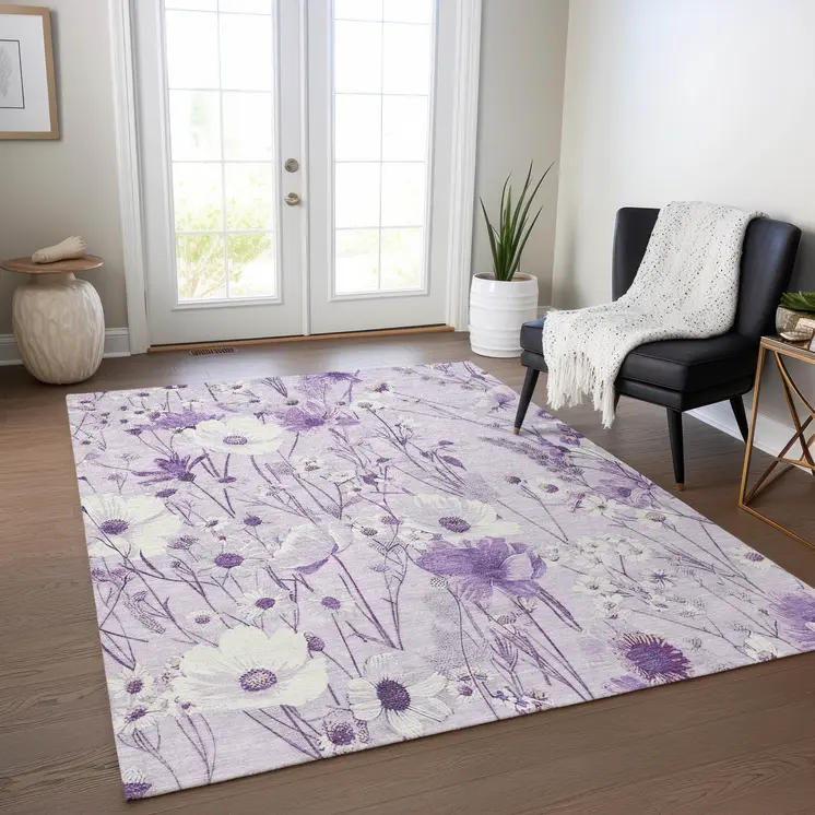 10' X 14' Lavender And Lilac Floral Washable Indoor Outdoor Area Rug
