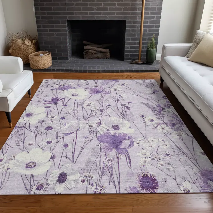 10' X 14' Lavender And Lilac Floral Washable Indoor Outdoor Area Rug