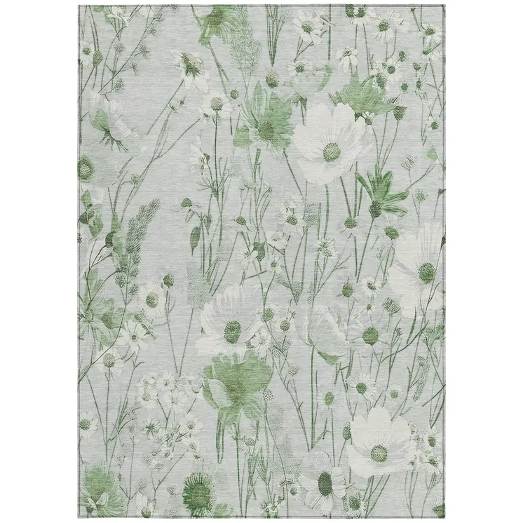 3' X 5' Mint Green And Ivory Floral Washable Indoor Outdoor Area Rug