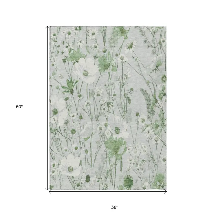 3' X 5' Mint Green And Ivory Floral Washable Indoor Outdoor Area Rug