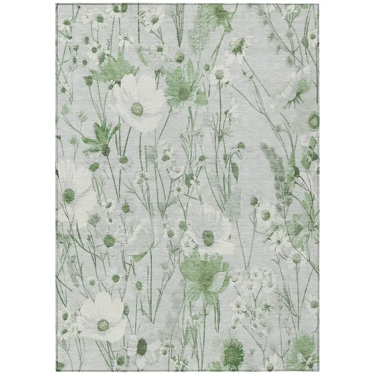 5' X 8' Mint Green And Ivory Floral Washable Indoor Outdoor Area Rug