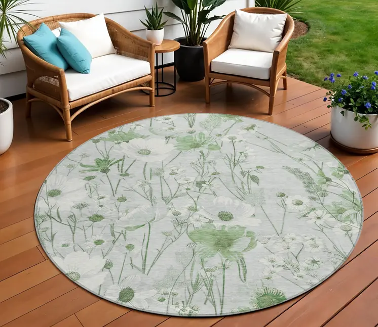 8' Mint Green And Ivory Round Floral Washable Indoor Outdoor Area Rug