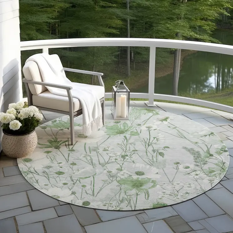 8' Mint Green And Ivory Round Floral Washable Indoor Outdoor Area Rug