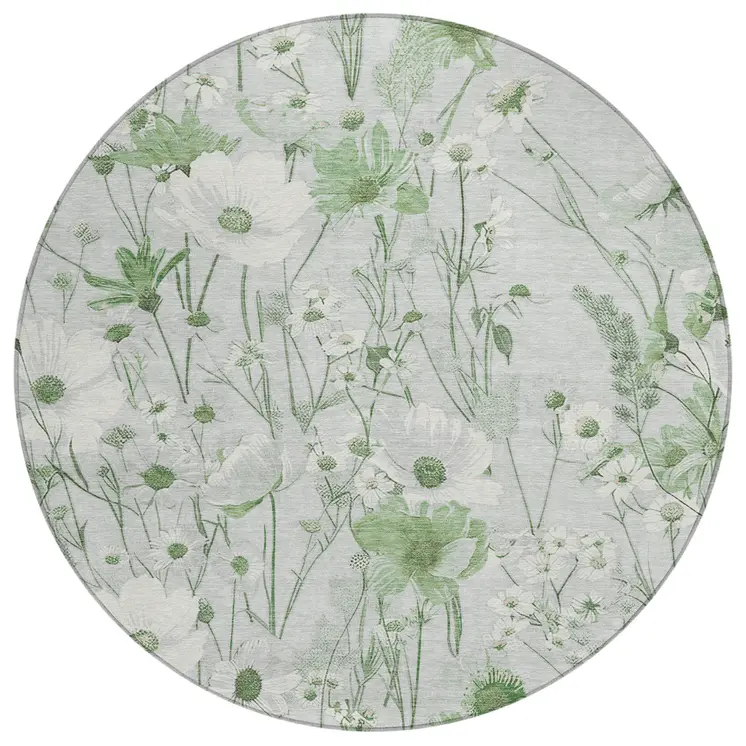 8' Mint Green And Ivory Round Floral Washable Indoor Outdoor Area Rug
