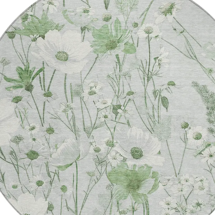 8' Mint Green And Ivory Round Floral Washable Indoor Outdoor Area Rug