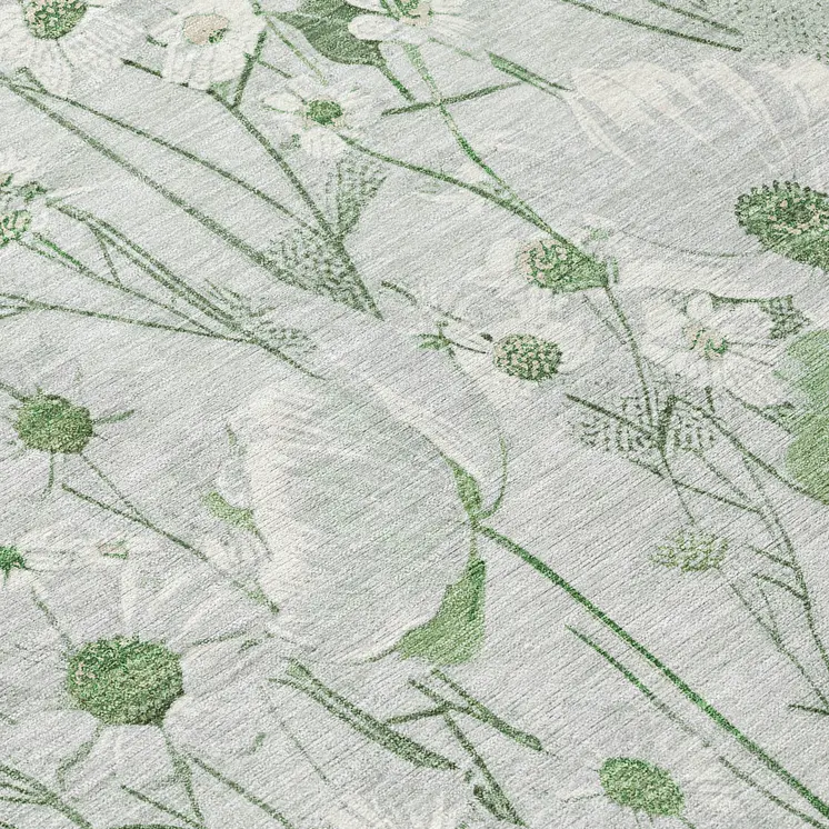 8' Mint Green And Ivory Round Floral Washable Indoor Outdoor Area Rug