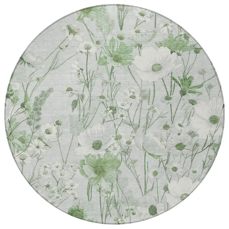 8' Mint Green And Ivory Round Floral Washable Indoor Outdoor Area Rug
