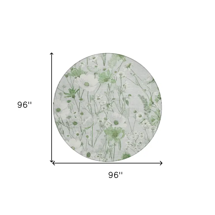 8' Mint Green And Ivory Round Floral Washable Indoor Outdoor Area Rug