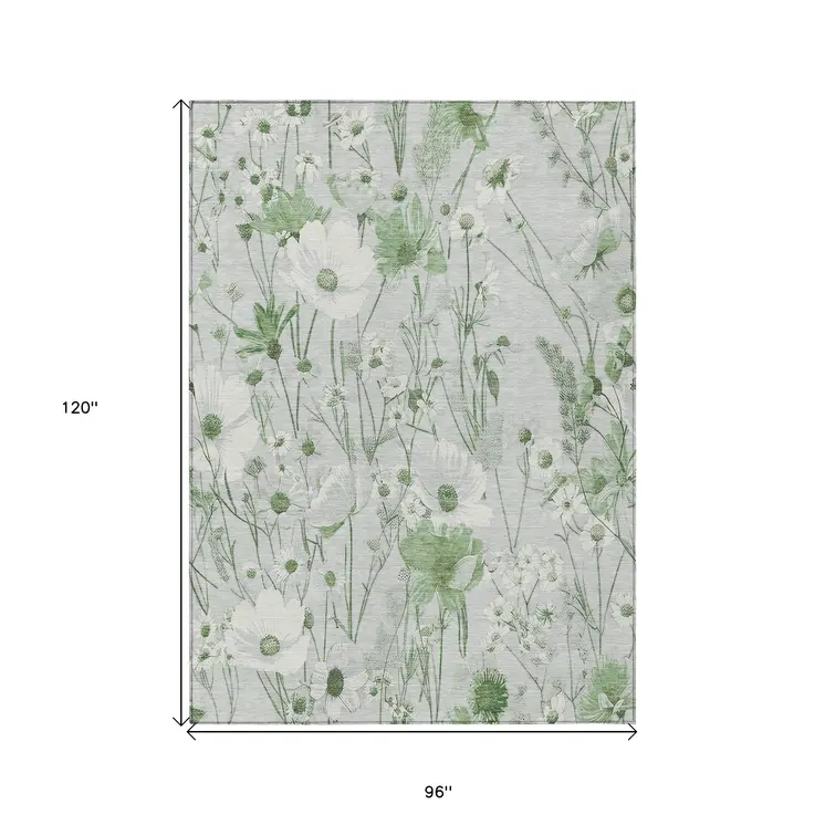 8' X 10' Mint Green And Ivory Floral Washable Indoor Outdoor Area Rug