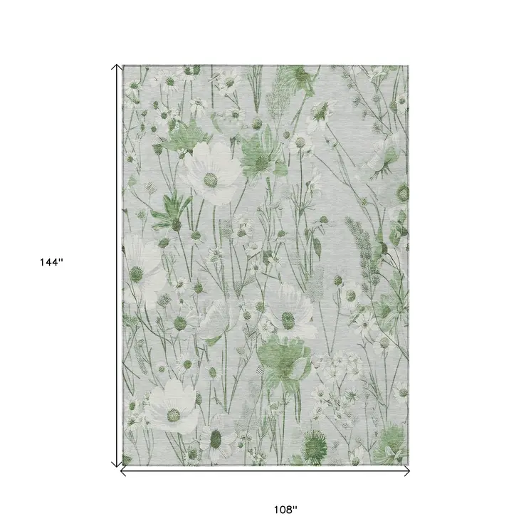 9' X 12' Mint Green And Ivory Floral Washable Indoor Outdoor Area Rug