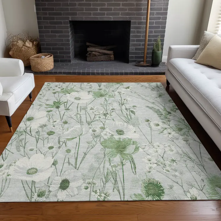 9' X 12' Mint Green And Ivory Floral Washable Indoor Outdoor Area Rug