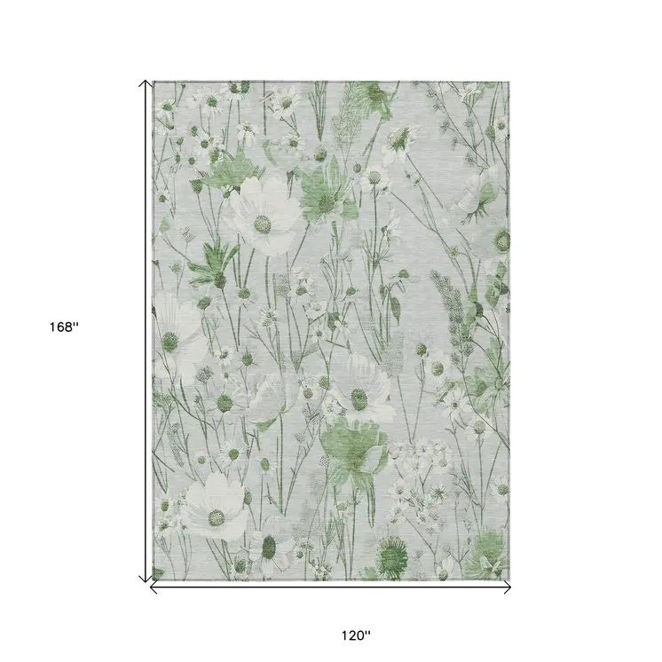 10' X 14' Mint Green And Ivory Floral Washable Indoor Outdoor Area Rug