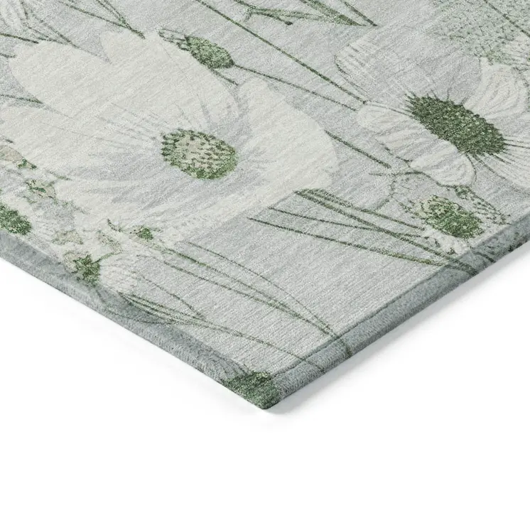 10' X 14' Mint Green And Ivory Floral Washable Indoor Outdoor Area Rug