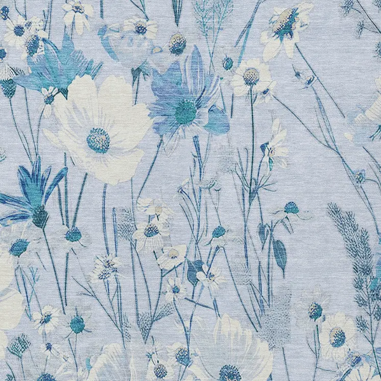 3' X 5' Sky Blue And Denim Blue Floral Washable Indoor Outdoor Area Rug