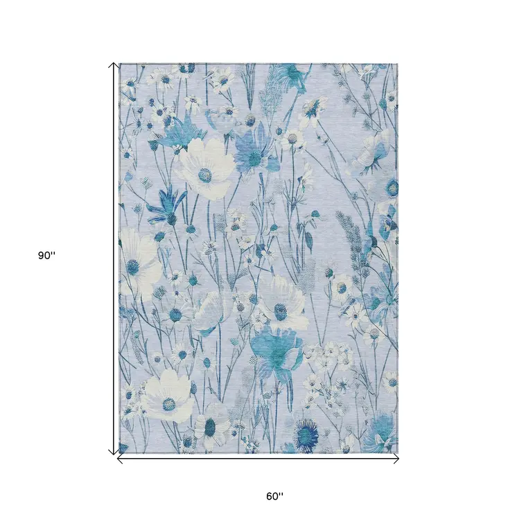 5' X 8' Sky Blue And Denim Blue Floral Washable Indoor Outdoor Area Rug