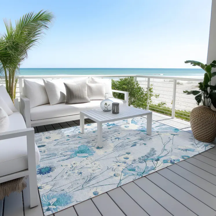 5' X 8' Sky Blue And Denim Blue Floral Washable Indoor Outdoor Area Rug