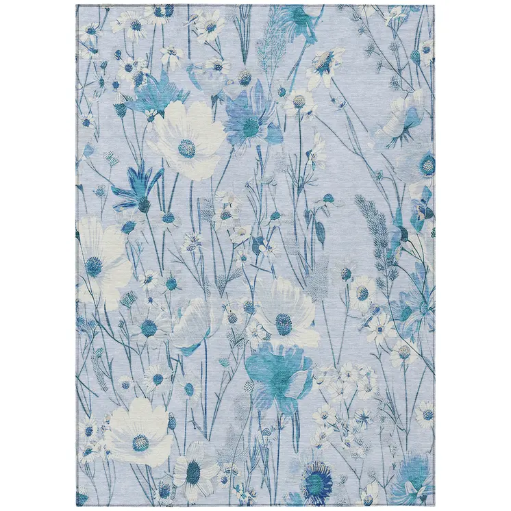 5' X 8' Sky Blue And Denim Blue Floral Washable Indoor Outdoor Area Rug
