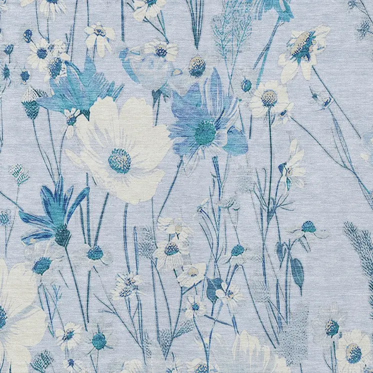 5' X 8' Sky Blue And Denim Blue Floral Washable Indoor Outdoor Area Rug