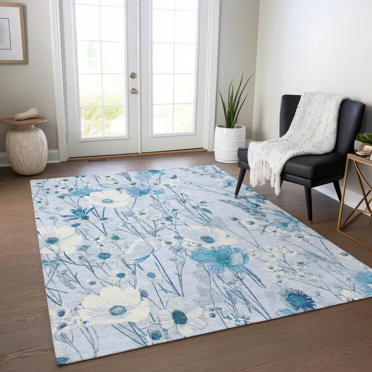 5' X 8' Sky Blue And Denim Blue Floral Washable Indoor Outdoor Area Rug