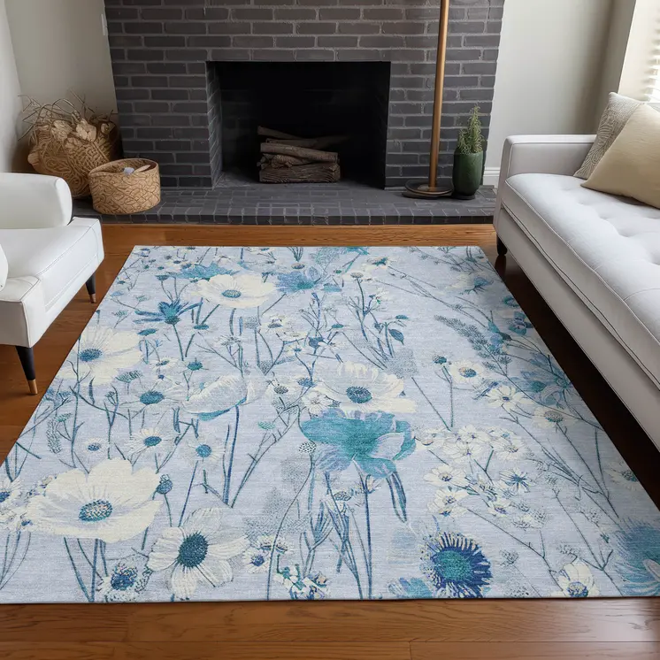 5' X 8' Sky Blue And Denim Blue Floral Washable Indoor Outdoor Area Rug