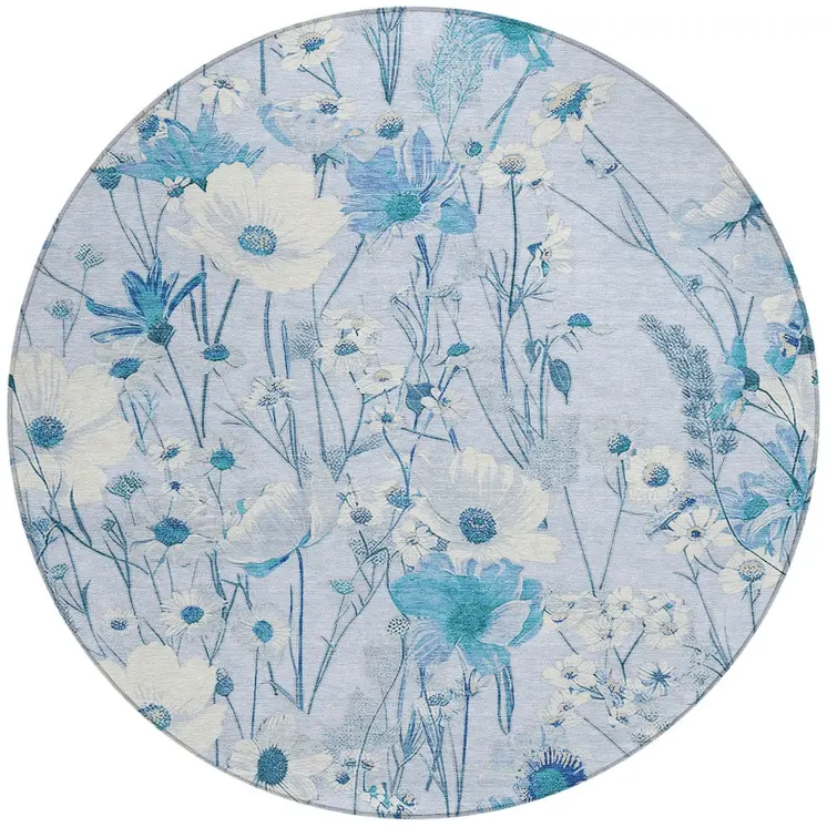 8' Sky Blue And Denim Blue Round Floral Washable Indoor Outdoor Area Rug