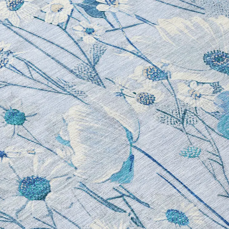 8' Sky Blue And Denim Blue Round Floral Washable Indoor Outdoor Area Rug
