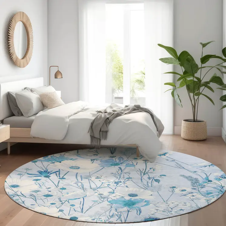 8' Sky Blue And Denim Blue Round Floral Washable Indoor Outdoor Area Rug