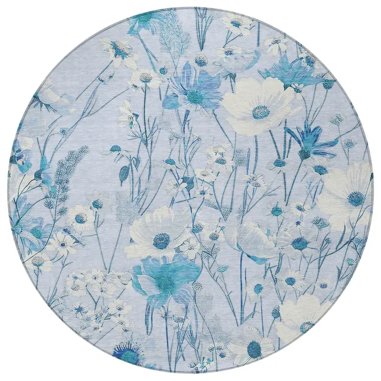 8' Sky Blue And Denim Blue Round Floral Washable Indoor Outdoor Area Rug
