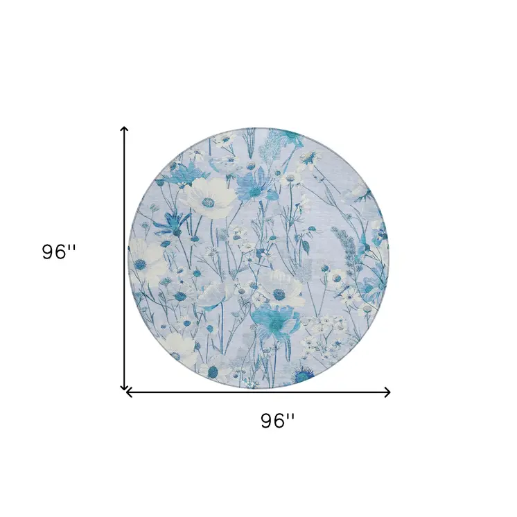 8' Sky Blue And Denim Blue Round Floral Washable Indoor Outdoor Area Rug