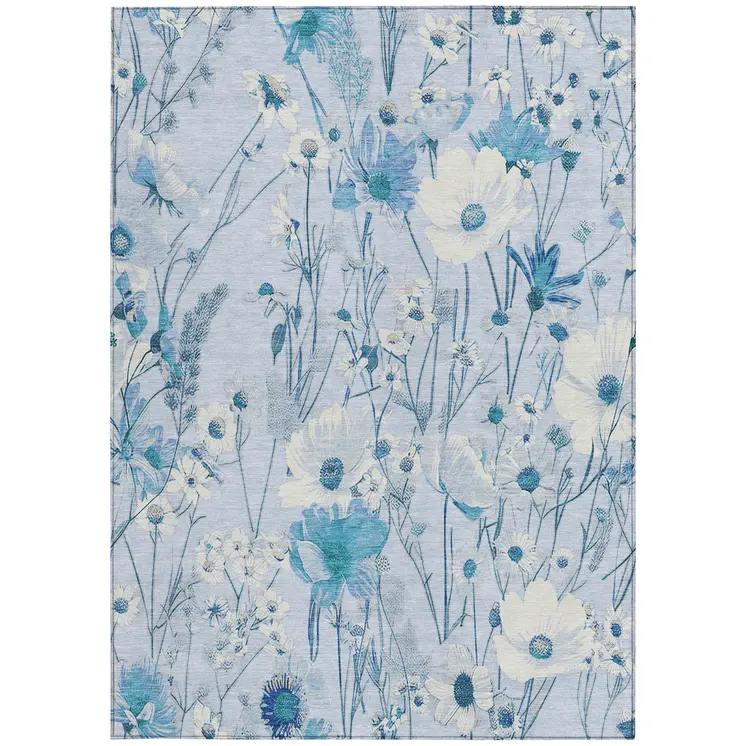 8' X 10' Sky Blue And Denim Blue Floral Washable Indoor Outdoor Area Rug