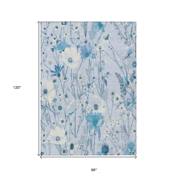 8' X 10' Sky Blue And Denim Blue Floral Washable Indoor Outdoor Area Rug