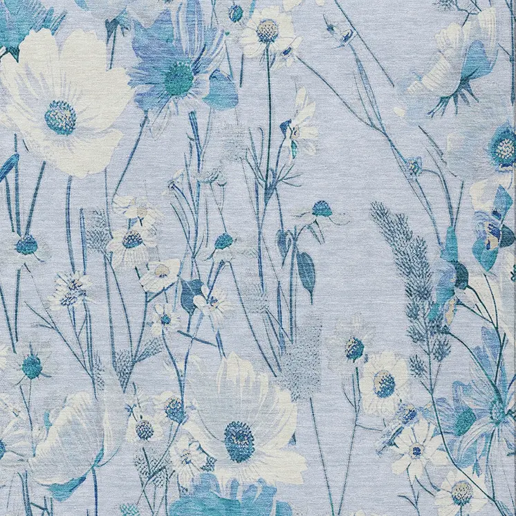 10' X 14' Sky Blue And Denim Blue Floral Washable Indoor Outdoor Area Rug