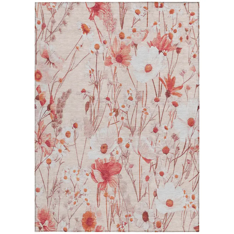 3' X 5' Salmon And Coral Floral Washable Indoor Outdoor Area Rug