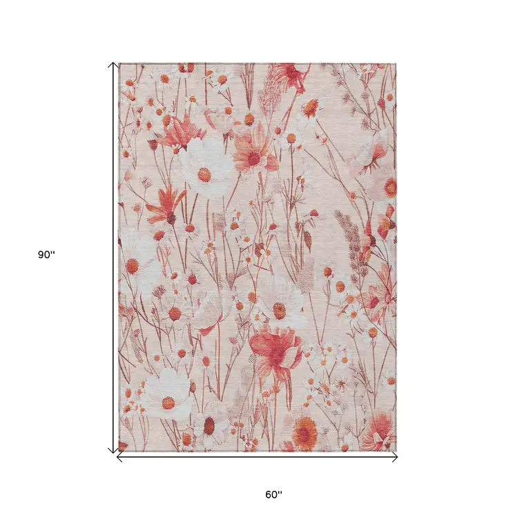 5' X 8' Salmon And Coral Floral Washable Indoor Outdoor Area Rug