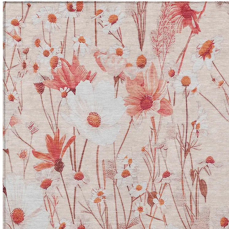 5' X 8' Salmon And Coral Floral Washable Indoor Outdoor Area Rug
