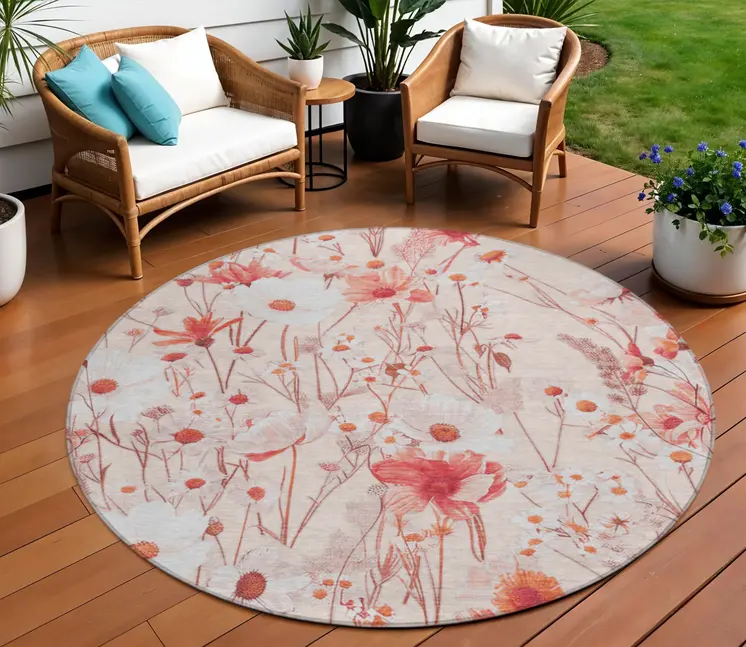 8' Salmon And Coral Round Floral Washable Indoor Outdoor Area Rug