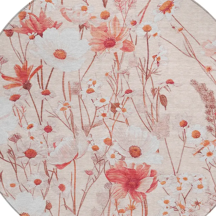 8' Salmon And Coral Round Floral Washable Indoor Outdoor Area Rug