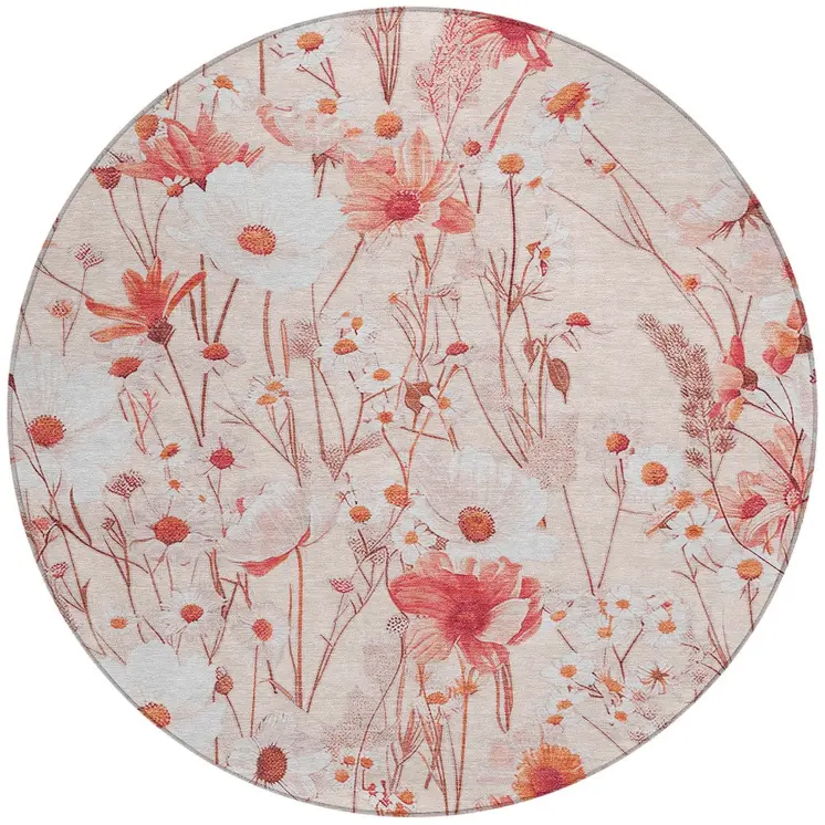 8' Salmon And Coral Round Floral Washable Indoor Outdoor Area Rug