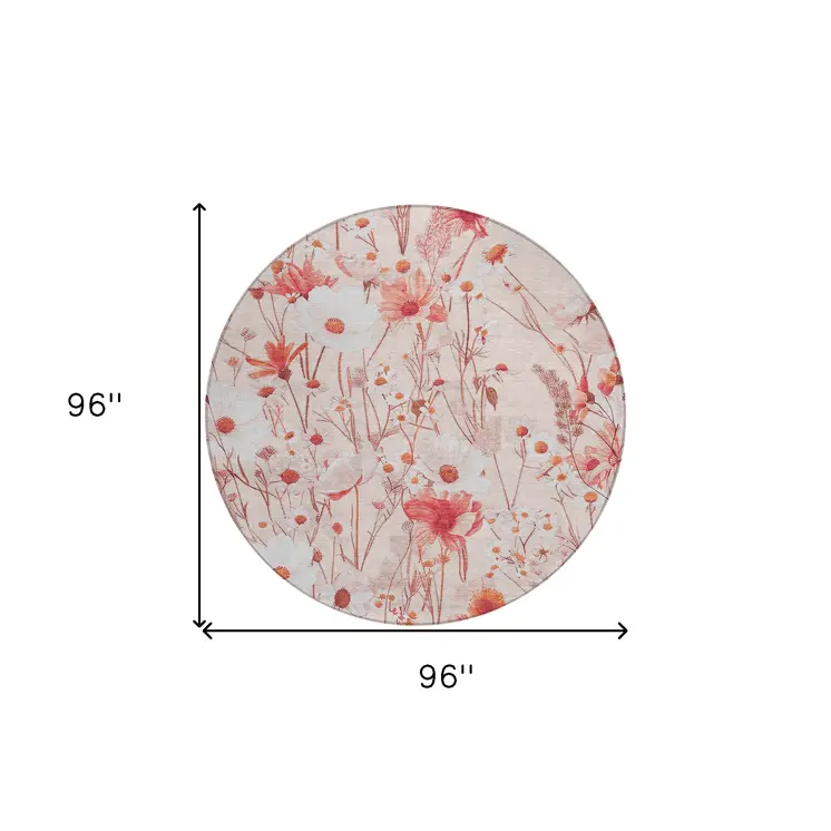 8' Salmon And Coral Round Floral Washable Indoor Outdoor Area Rug