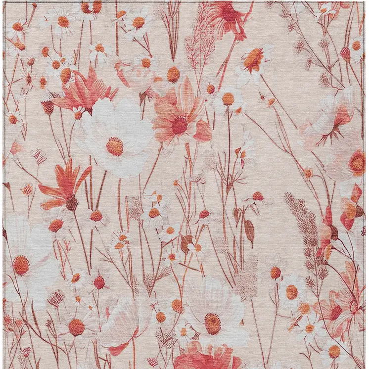 8' X 10' Salmon And Coral Floral Washable Indoor Outdoor Area Rug