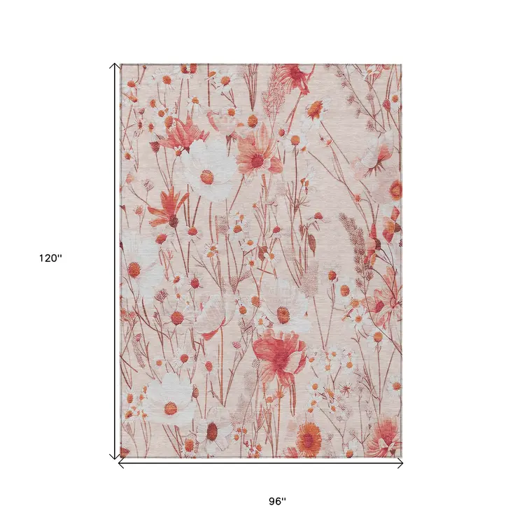 8' X 10' Salmon And Coral Floral Washable Indoor Outdoor Area Rug