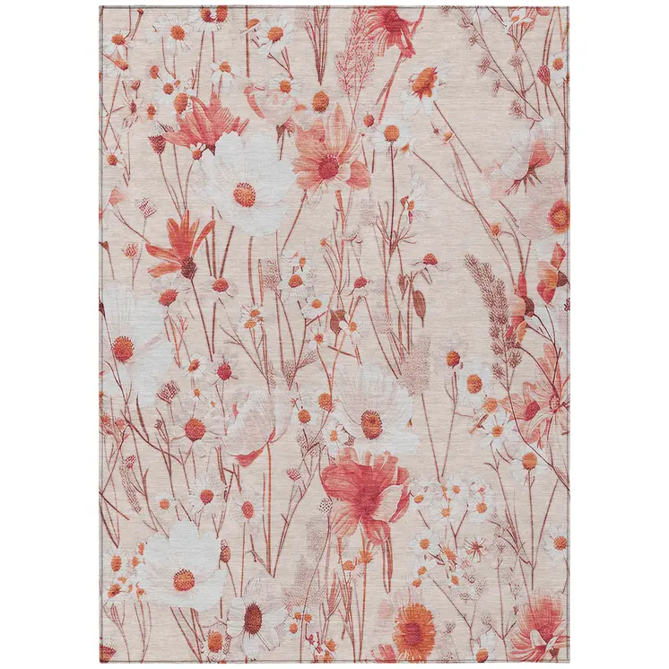 8' X 10' Salmon And Coral Floral Washable Indoor Outdoor Area Rug