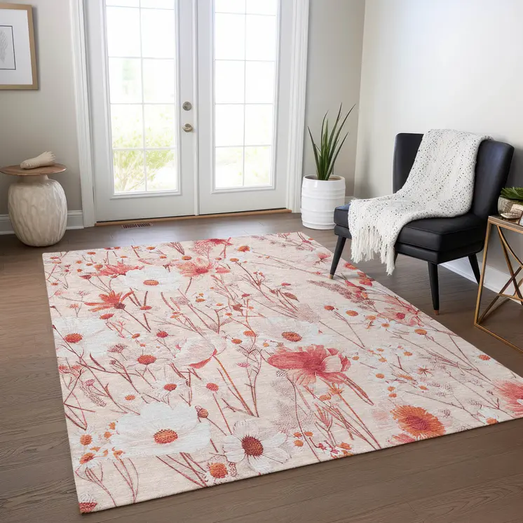 8' X 10' Salmon And Coral Floral Washable Indoor Outdoor Area Rug