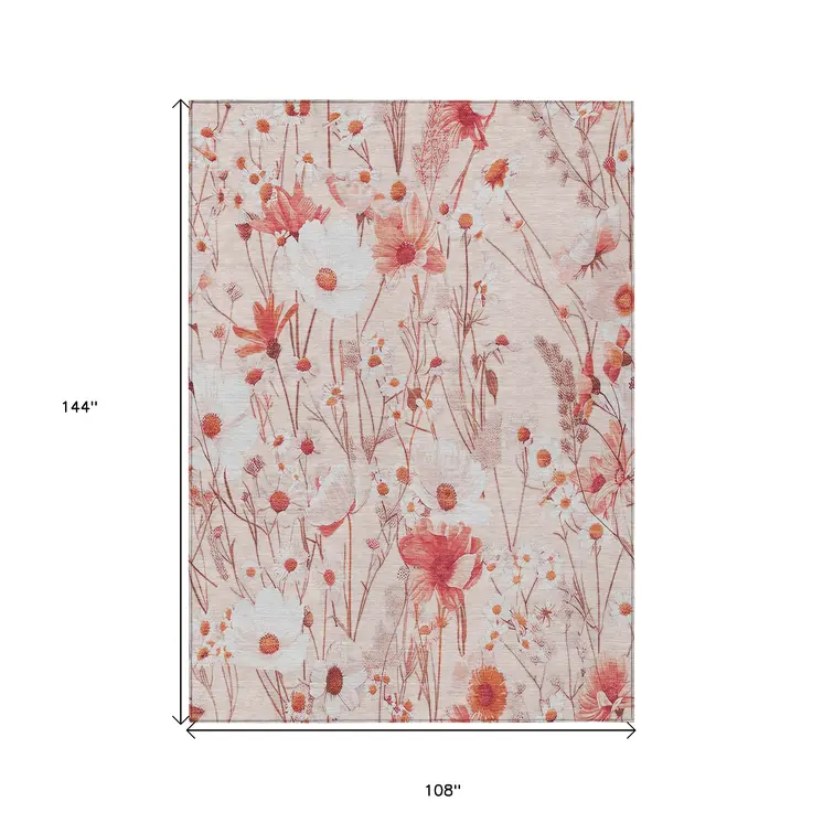 9' X 12' Salmon And Coral Floral Washable Indoor Outdoor Area Rug