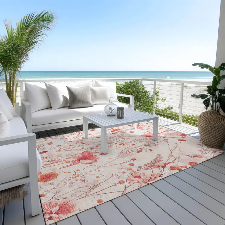9' X 12' Salmon And Coral Floral Washable Indoor Outdoor Area Rug