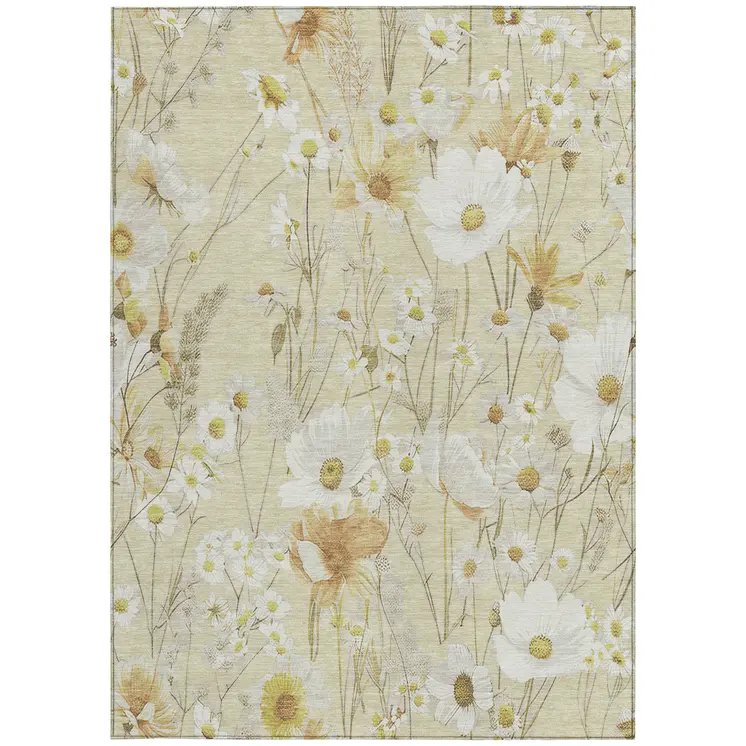 3' X 5' Wheat And Ivory Floral Washable Indoor Outdoor Area Rug
