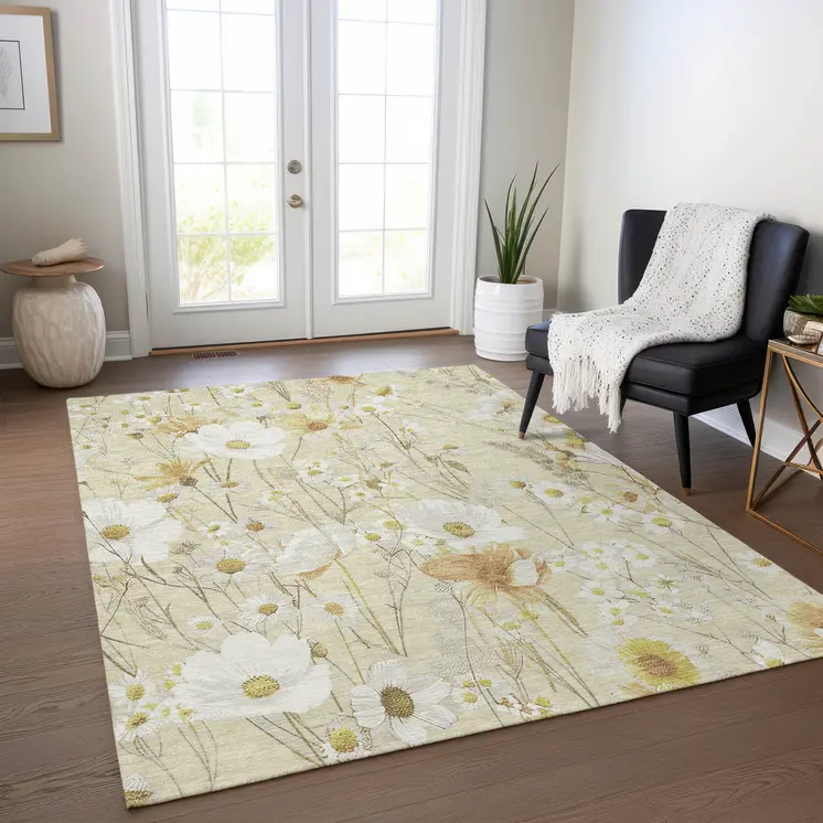 5' X 8' Wheat And Ivory Floral Washable Indoor Outdoor Area Rug