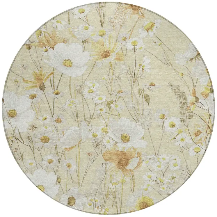 8' Wheat And Ivory Round Floral Washable Indoor Outdoor Area Rug