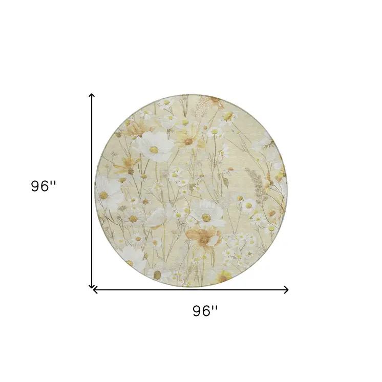 8' Wheat And Ivory Round Floral Washable Indoor Outdoor Area Rug